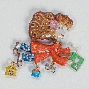 Vintage 2003 Karen Rossi Book Lover Flying Lady Enamel Brooch Gold Tone Charm